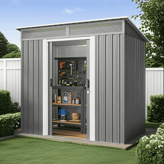Jolifa Outdoor Storage Shed, 6x4 ft Galvanized Steel Tool Shed with Sliding Doors & Windows, Weatherproof Metal Garden Shed for Backyard Equipment and Bike Storage