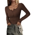 thumbnail image 1 of PRETTYGARDEN Remera Henley Mujer Manga Larga Marrón Talle Grande, 1 of 9