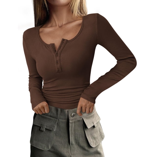 PRETTYGARDEN Remera Henley Mujer Manga Larga Marrón Talle Grande