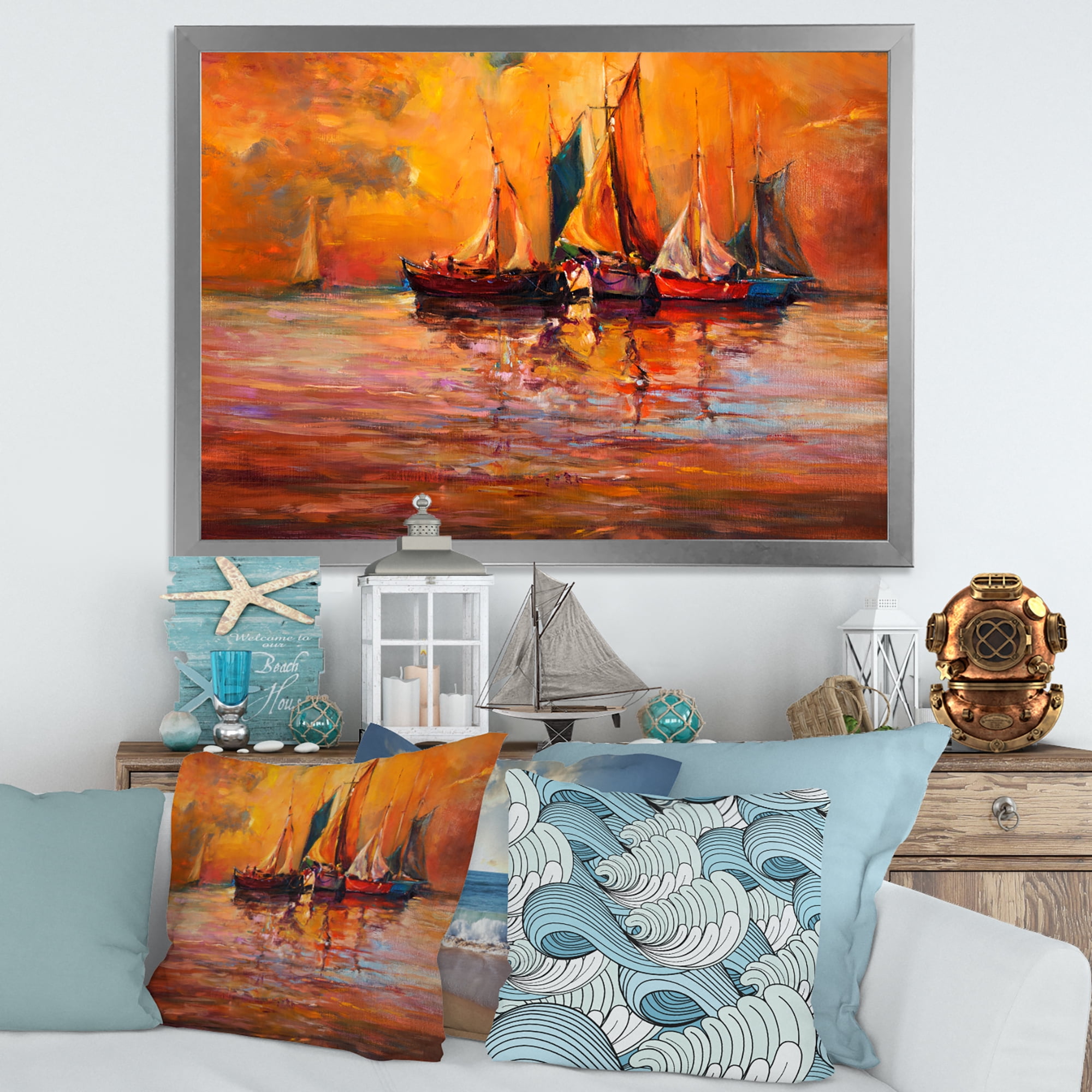 Boats During Evening Sunset In The Ocean I 32 in x 16 in Framed Painting Canvas Art Print, by Designart