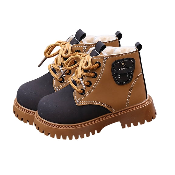 Gpaecead Kids Two Tone Lace Up Winter Boots Fleece Lining Waterproof Non Slip Thick Sole Ankle Booties For Outdoor Black