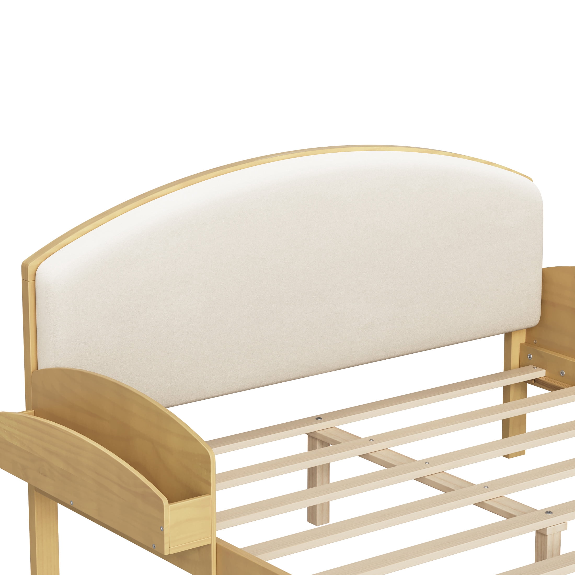 Noble House Full Size Platform Bed with Curved Padded Headboard, Side Storage Shelves, Natural