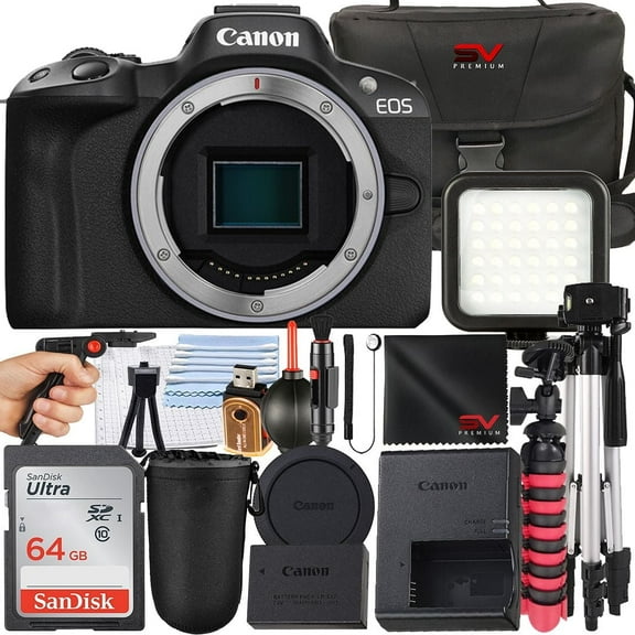 Canon EOS R50 Mirrorless Camera (Body Only) with SanDisk 64GB Memory Card   Case   Tripod   SV Premium Accessory Bundle (International Version)