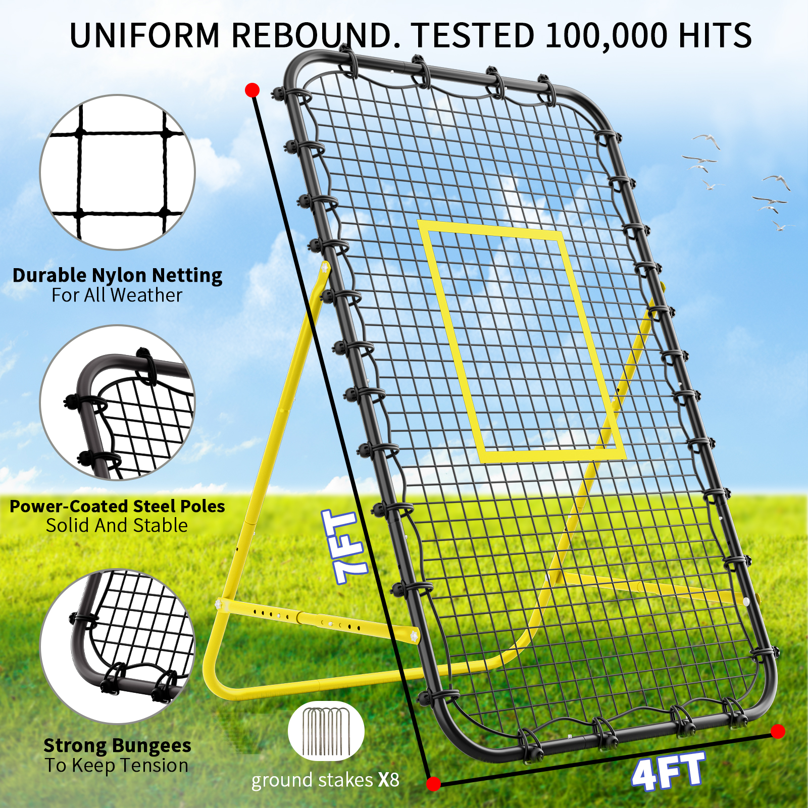 7x4 FT Volleyball Rebounder Net，Ultimate Training Equipment for Volleyball & Lacrosse，Enhanced Bouncing System for Volleying, Bumping, Spiking Drills，Multiple Adjustable Rebound Angles(Black+Yellow）