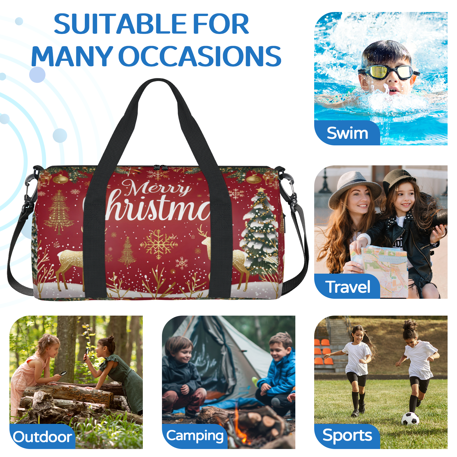 Herdesigns Christmas Themed Travel Duffle Bag Sports Yoga Weekender Overnight Carry on Workout Bags Lightweight Waterproof Gym Tote Bag for Women