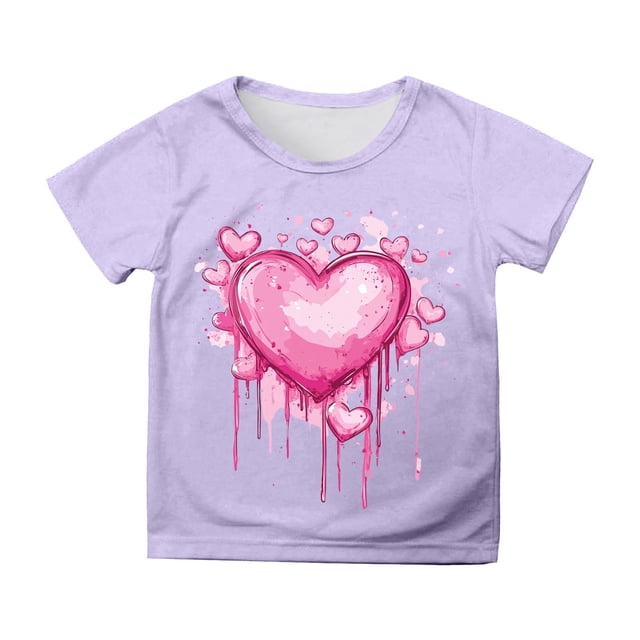 FAOWME T-Shirt à Manches Courtes pour Enfant Imprimé Cœur Col Rond Décontracté Violet 8-9 Ans