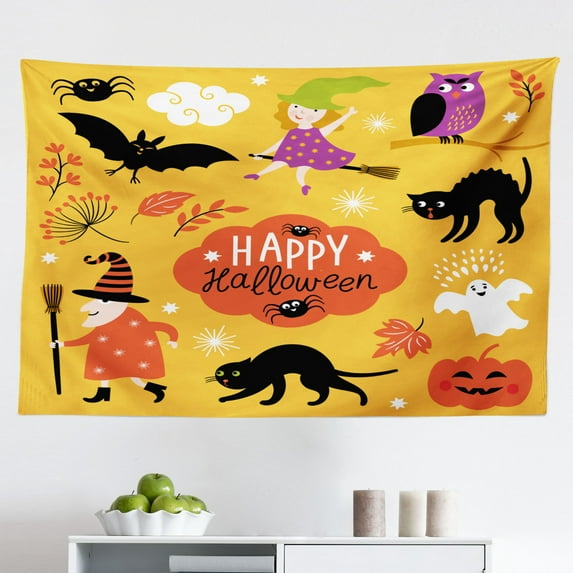 Halloween Tapestry, Cemetery Scene with Zombie Hand Through Ground Tomb Stones and Bats, Fabric Wall Hanging Decor for Bedroom Living Room Dorm, 2 Sizes, Green Black and Orange, by Ambesonne