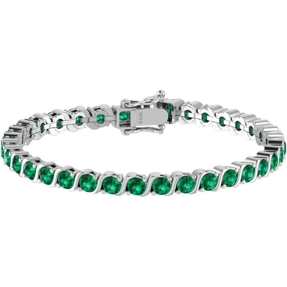 Sterling Silver Green Lab Created Emerald Tennis Bracelet, 4mm Round Cut Stones, Classic Design Bangle Bracelet