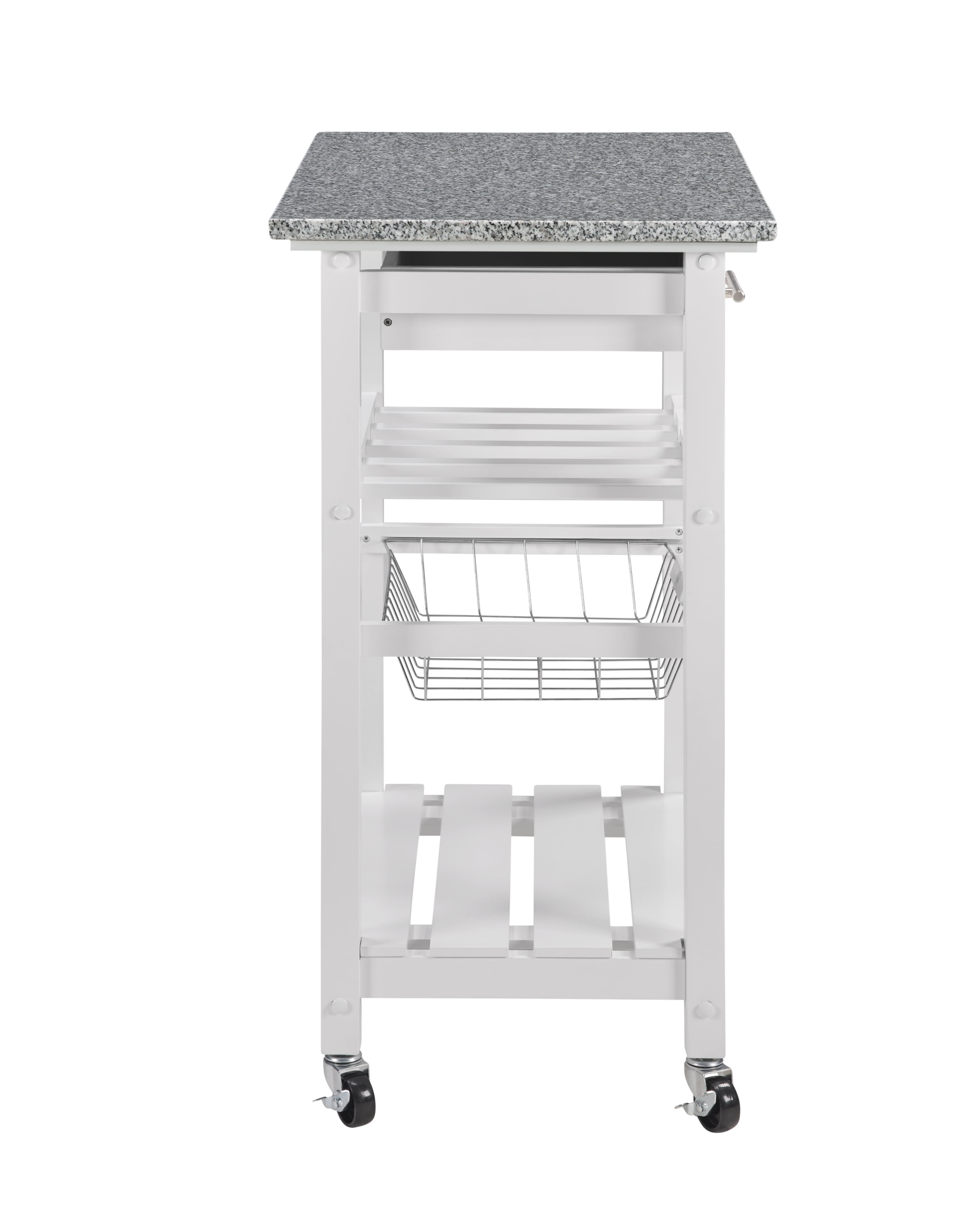 MAYEERTY Mobile Rolling Kitchen Island Trolley with Marble Top, Drawer & Storage Basket ,White