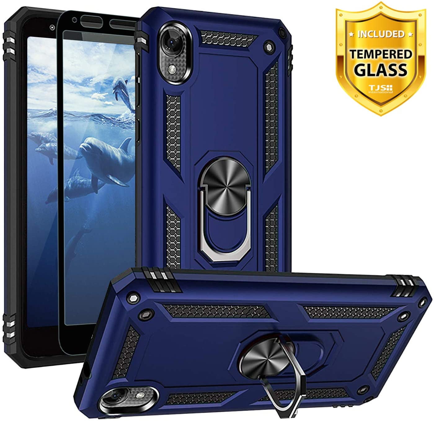 TJS Phone Case for Motorola Moto E6, [Full Coverage Tempered Glass Screen Protector][Impact Resistant][Defender][Metal Ring][Magnetic][Support] Heavy Duty Armor Phone Cover (Blue)