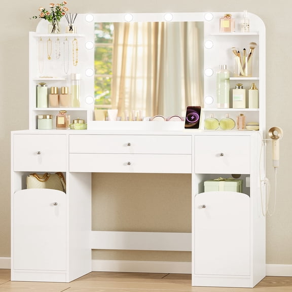 Hzuaneri White Makeup Vanity Desk, 42.5"W Makeup Vanity Table with Led Mirror, 4 Drawers, 2 Open Storage Cabinets, Jewelry Storage, Makeup Desk for Bedroom, Bathroom