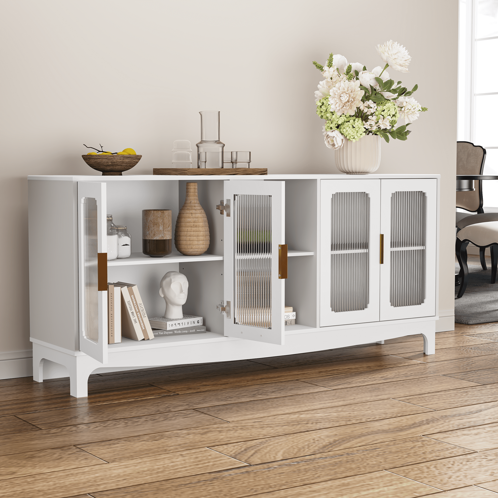 ZOSQUARE Modern TV Stand for TVs up to 75", 65" Entertainment Center with 4 Fluted Glass Doors and Open Shelves, Mid-Century Media Console, White TV Table for Living Room, Bedroom