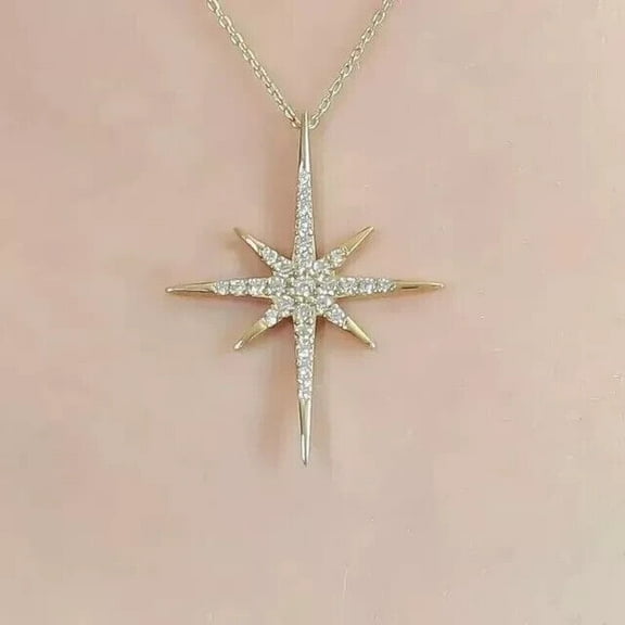Real Moissanite North Star Pendant 0.50CT Round Cut 14k Yellow Gold Plated Pure 925 Sterling Silver