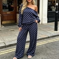 thumbnail image 6 of hoksml Women's Polka Dot Two Piece Outfit Off Shoulder Top Wide Leg Pants Casual Lounge Set Comfort, 6 of 6