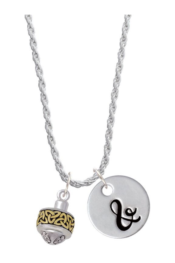 Two-tone Celtic Knot Trinity Band Spinner Silvertone Script Initial Disc - & - Charm Necklace, 20"+3"