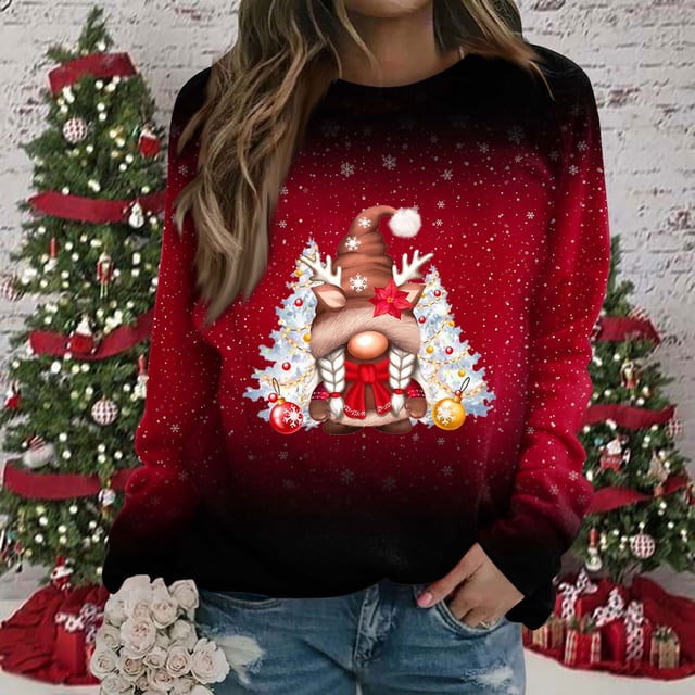 EGNMCR Chandail en Molleton de Noël pour Femmes, Col Rond, Mode Décontractée, Manches Longues, Imprimé de Noël, Blouse