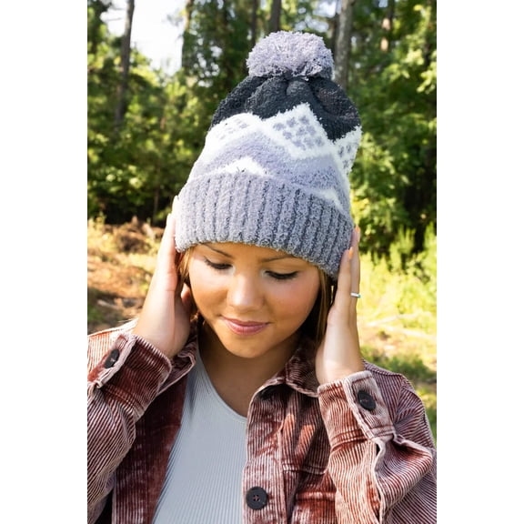 Cozy Cuddles Gray Faire Isle Pom Pom Beanie