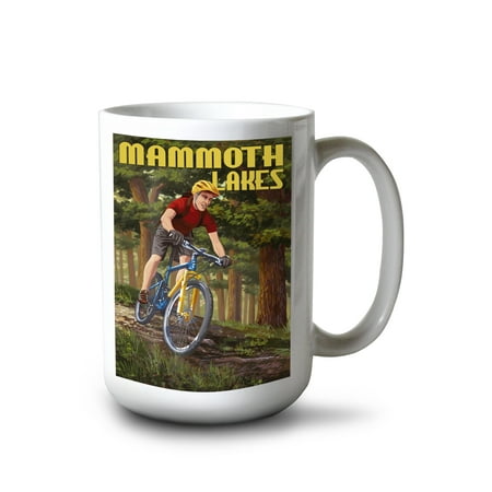 

15 fl oz Ceramic Mug Mammoth Lakes California Mountain Biker in Trees Dishwasher & Microwave Safe