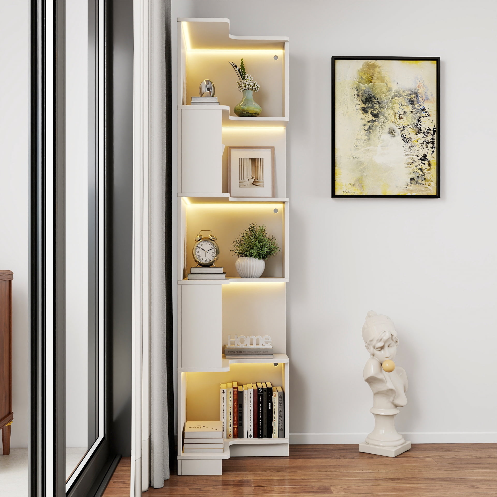 Mintazer 69" 5 Tier Corner Bookshelf with Baffle, Freestanding L Shaped Storage Shelf with LED Lights for Home Office Living Room Bedroom Kitchen, White