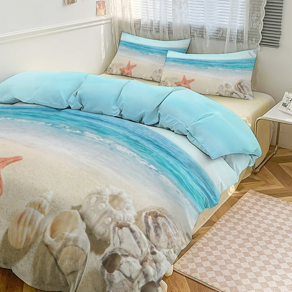 Blue Seaside Beach Shell Starfish Duvet Cover Set Themed Multicolor Polyester Bedding Set for Bedroom Decoration