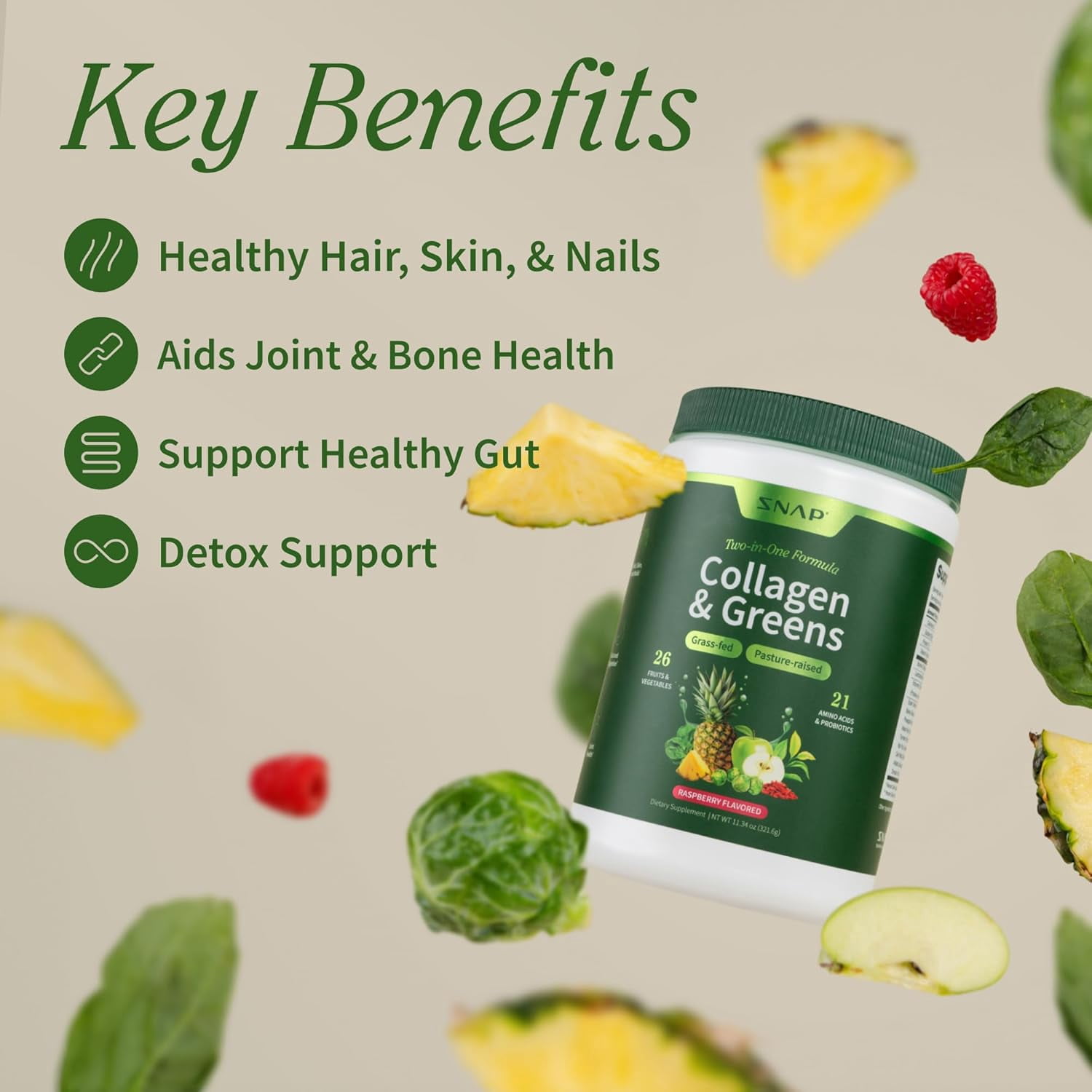 Snap Supplements Collagen Peptides with Super Greens, Digestive Enzymes, Probiotics, Turmeric - 30 Servings