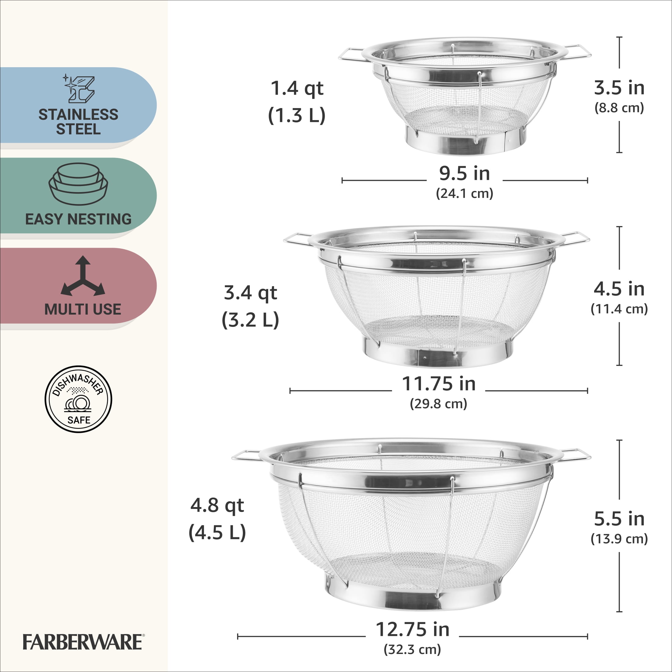 Farberware Professional Stainless Steel Fine Mesh Sieve Set, 3-Piece