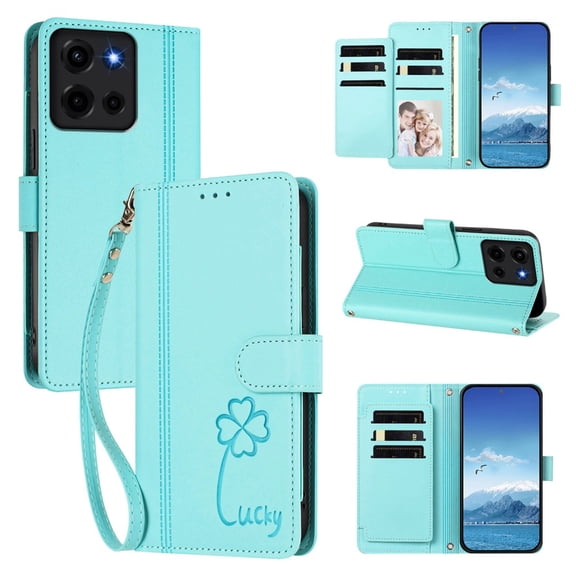 Lucky Four Leaf Clover Embossed PU Leather Wallet Case for Motorola Moto G 5G 2025 / G 2026 / G Play 2026, 9 Card Slots 1 Cash Pocket Dual Magnetic Flip Kickstand Shockproof Phone Cover