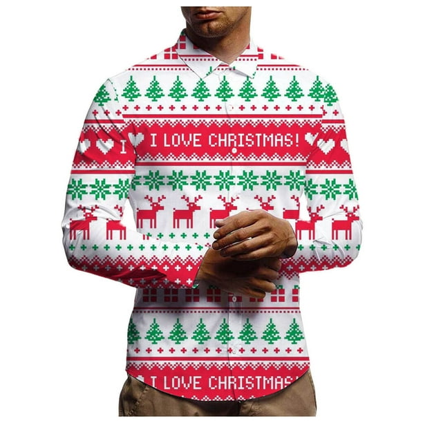 Camisa de manga larga con estampado navideño para hombre, top versátil informal a la moda para hombre Pompotops oipoqjl27146