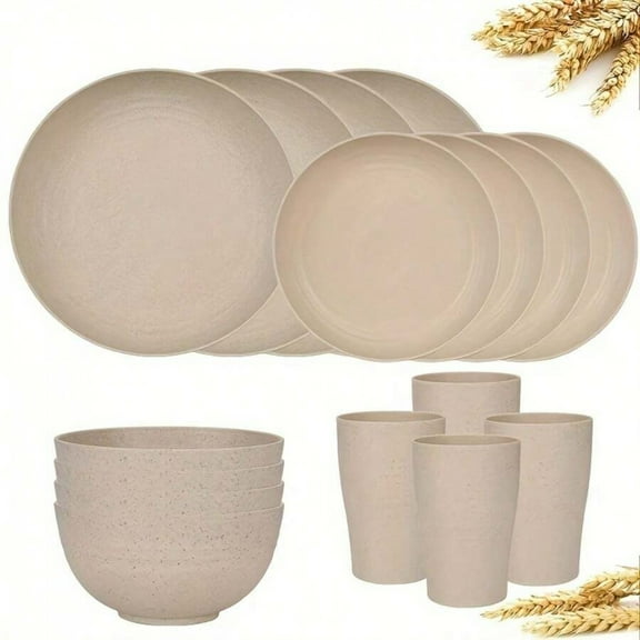 REZJSWFSMMJ 16-Piece Kitchen Plastic Dinner Set, Service For 4, Dinner Plates, Dessert Plates, Cereal Bowls, Cups, Unbreakable Plastic Plates And Bowls Set, Outdoor Camping Dishes,Beige