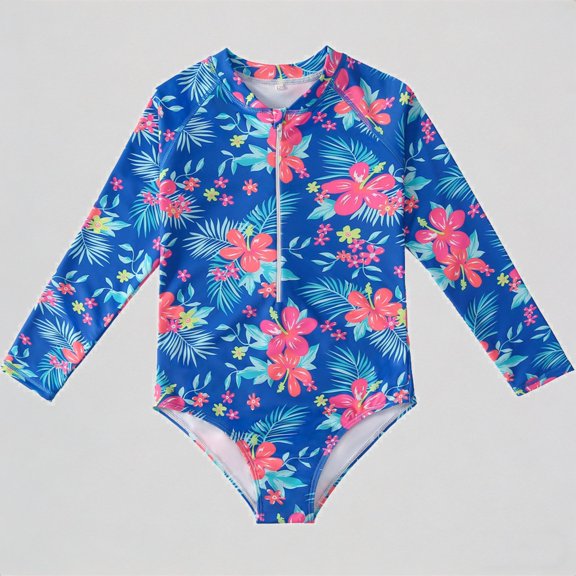 REDARER Toddler Girl's Long-Sleeve Onesie Swimsuit: Tropical Floral Print   Zipper Design – Summer Beach Bathing Swimwear,4-5 Years