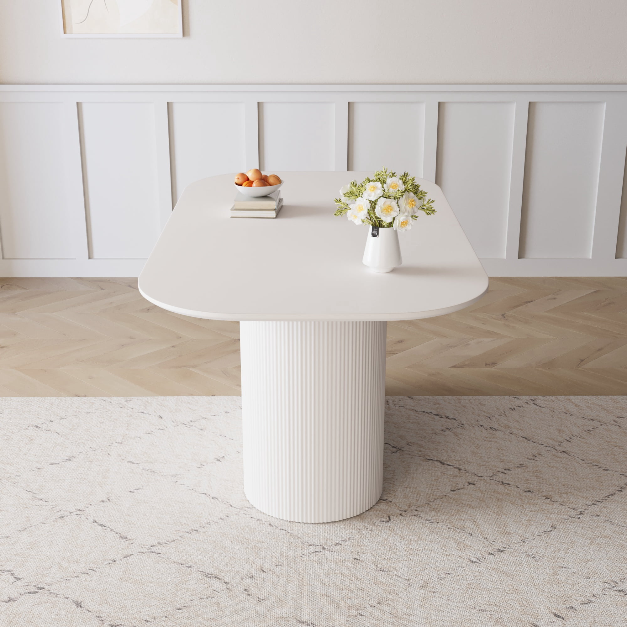 FFZ 63 inch Modern MDF Regular Edge Dining Table Vertical Striped Legs for 4-8 Person Cream Style