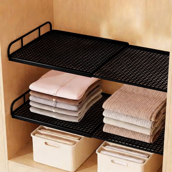 Expandable Cabinet Storage Shelf Stackable Organizer Rack, Heavy Duty Metal Shelf Space Saving Riser, Portable Kitchen Bathroom Pantry Countertop Organizer with Grid Panel Design, Black