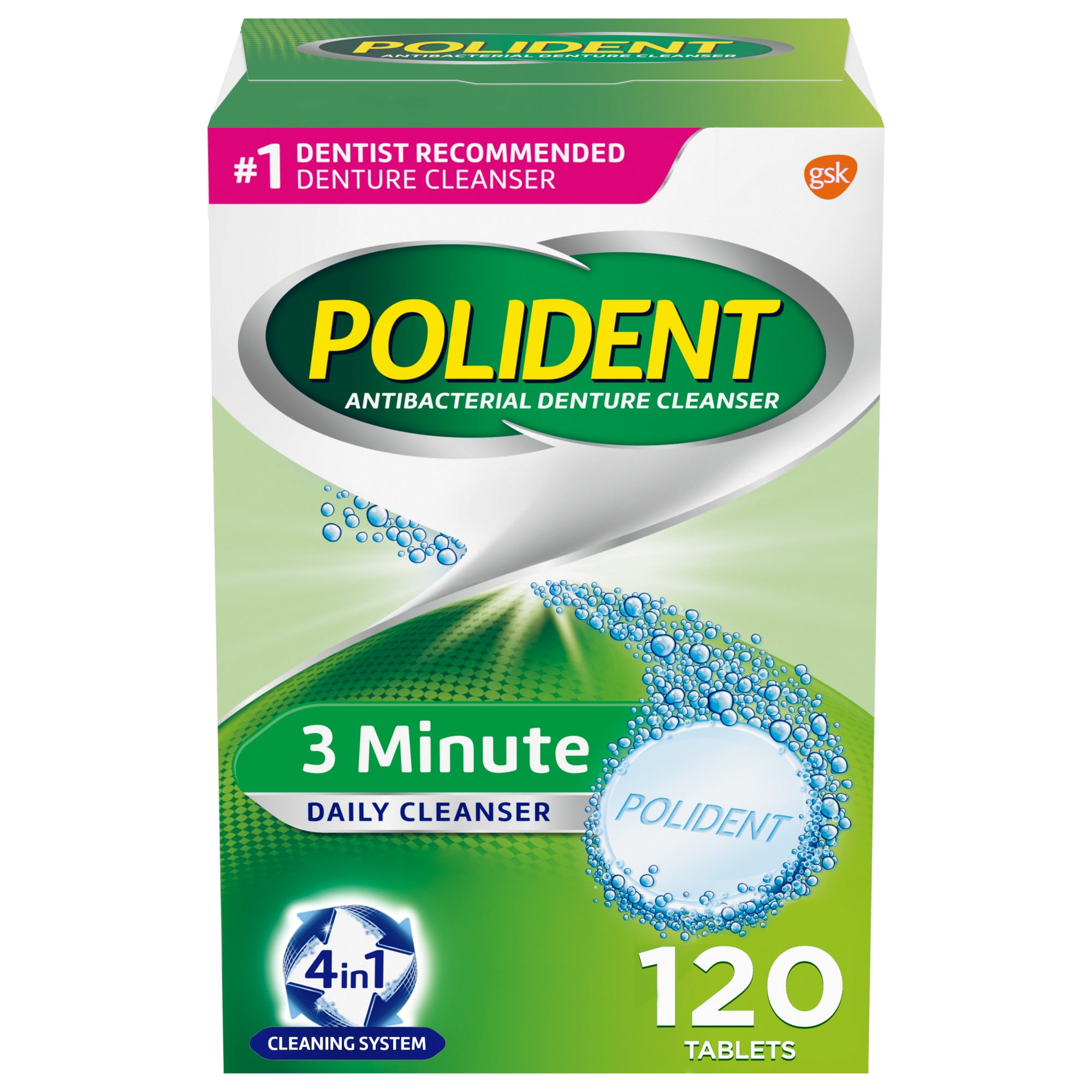 Polident 3 Minute Antibacterial Denture Cleanser Tablets, Triple Mint, 120 Count