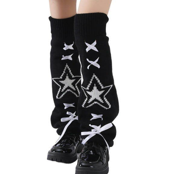YIGSECU Cute Star Knitted Leg Warmers for Women Ribbon Lace Up Flared Foot Covers Socks