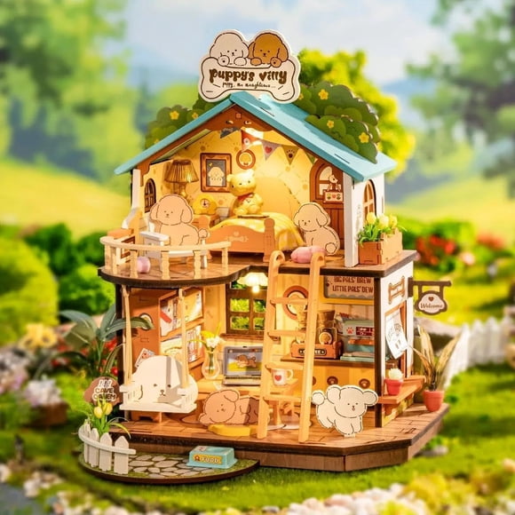 Robotime DIY Miniature House Kit-Puppy's Cozy Villa,Mini Wooden Dollhouse Building Sets for Home Decor,Tiny House Craft Kits Gifts for Teens Adults
