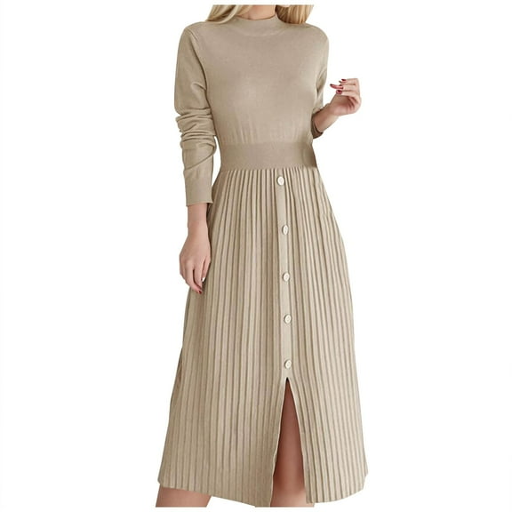 Lovskoo Women Long Sleeve Sweater Dress Fall Winter Cute Mock Neck Casual Knit Pleated Pullover Formal Dresses Beige