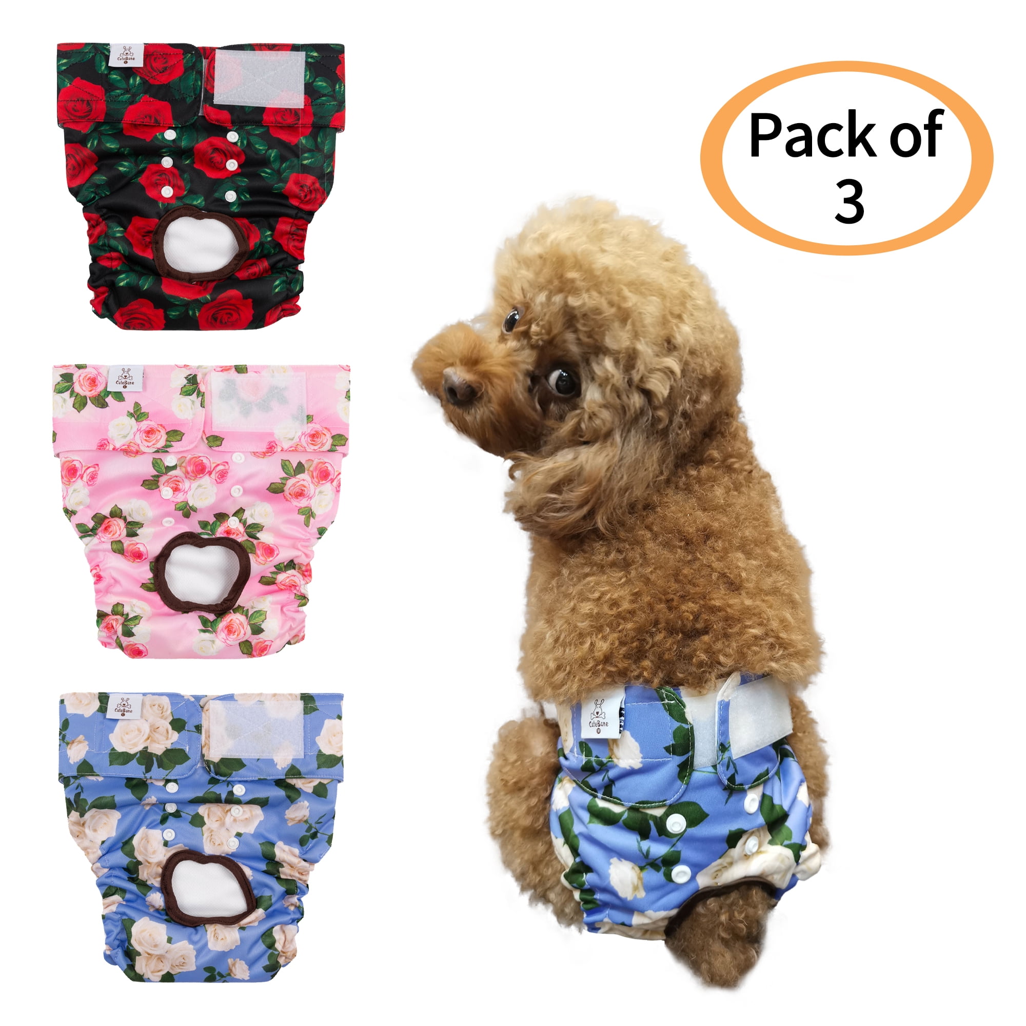 CuteBone Floral Print Dog Diapers Female (3 Pack) Puppy Pants Washable ...