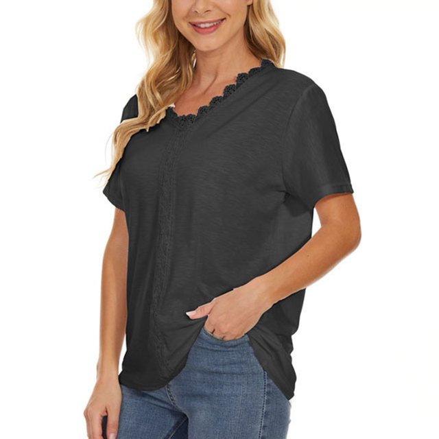 Tops de manga corta para mujer, cuello en V, encaje, patchwork, color puro, blusa, blusas para casual, casa, compras, fecha, trabajo, fiesta, negro, M
