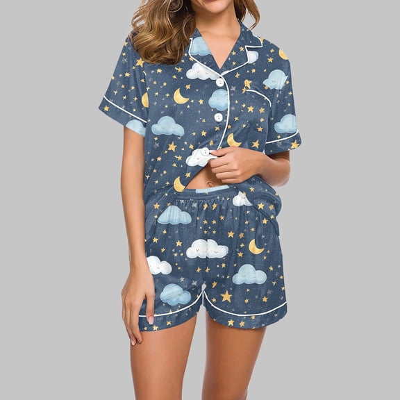 Fewfanhot Women's Ultra-Soft Sleepwear Set - Cotton-Blend Short Sleeve Pajamas & Short Pants Total 2PC, Ideal for Family Gatherings and Cozy Nightwear