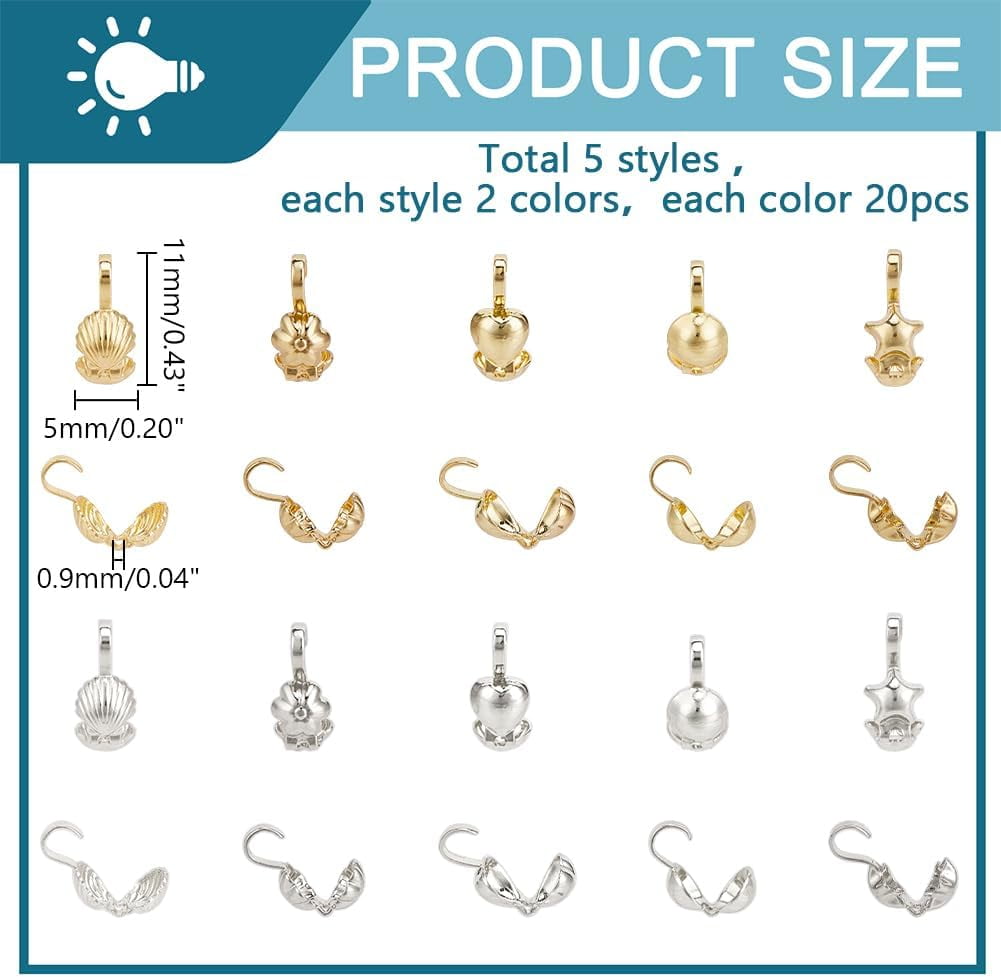 200pcs 10 Styles Brass Bead Tips Crimp Beads Kit for Jewelry Making Knot Cover Crimp Bead Covers Calotte Ends Clamshell Knot Cover for Bracelets Necklaces Making Mixed Color