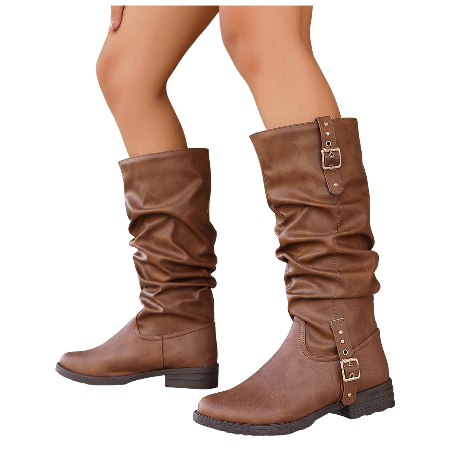 Bottes Femme Mi-mollet Bout Pointu - Cuir PU, Talon 6,5 Cm - Sangle à Boucle - Décontracté, Mode Automne-hiver