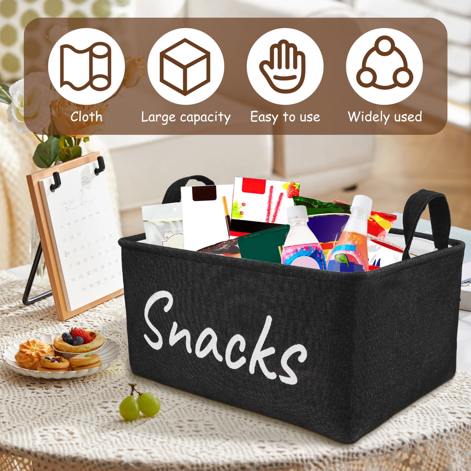FKSZLL Cloth Snack Basket Organizer Snack Bin for Pantry Large Snack Storage Containers for Storing Chips Pretzels Cookies Popcorn with Handles for Kitchen Home, 15.7x11.8x7.9", 2 Pcs