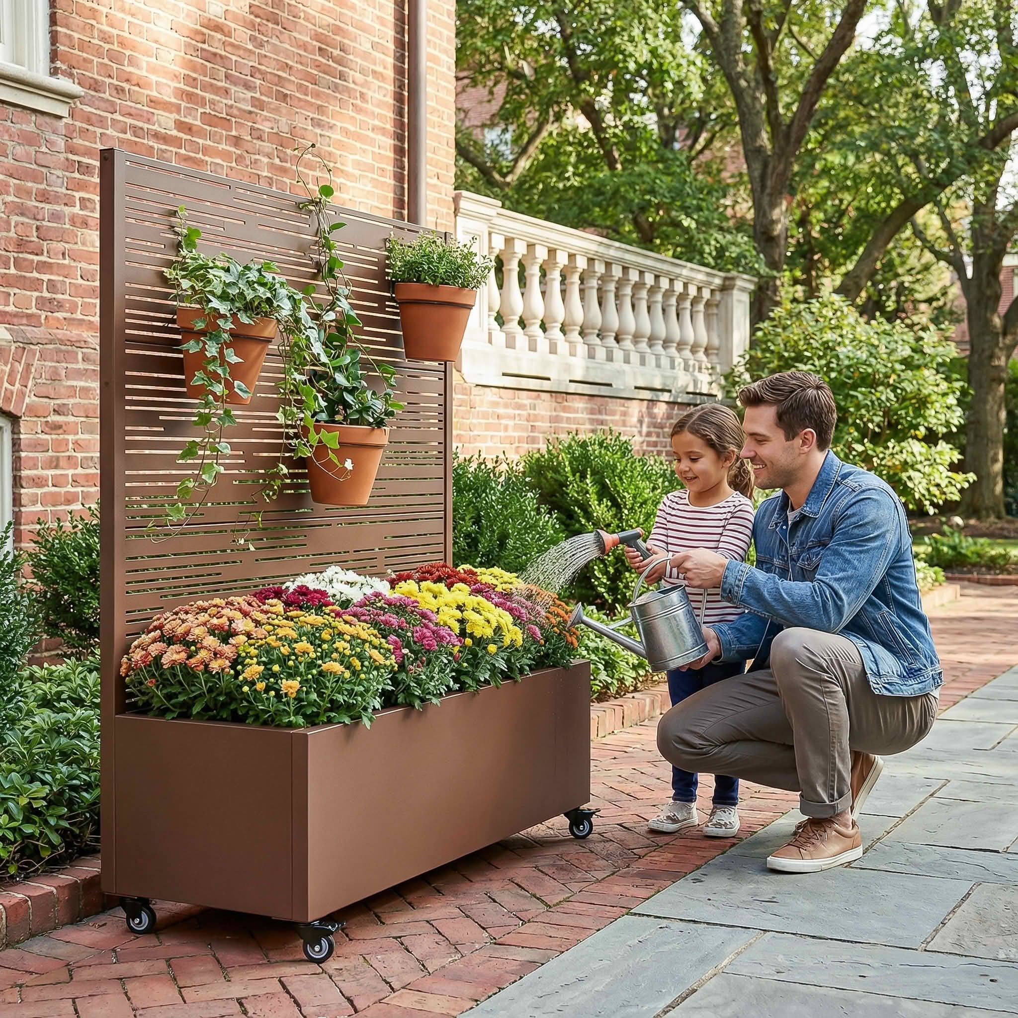 MAYEERTY 47X47" Metal Outdoor Brown Privacy Screen with Planter Box for Backyard & Garden, 3 Piece Set