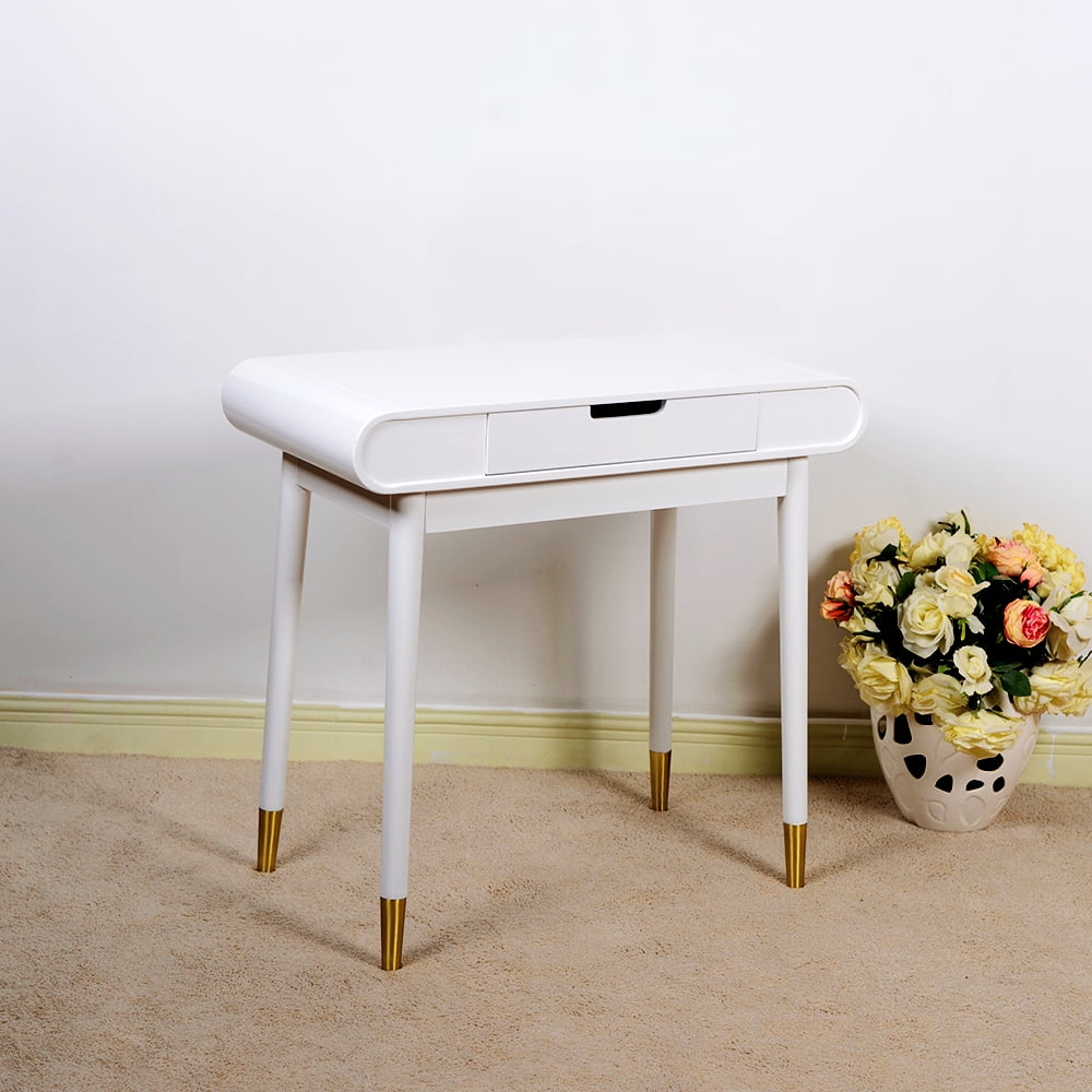 Spaco Oval Makeup Table with Mirror for Bedroom, High Gloss Finish Dressing Table with Solid Stool, White Spaco Oval Makeup Table with Mirror for Bedroom, High Gloss Finish Dressing Table with Solid Stool, White
