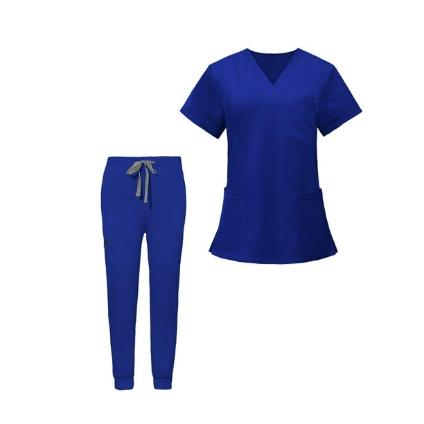 Uniformes Scrub Set enfermera Top pantalones ropa de trabajo femenina para salón de belleza SPA Azul Real L Yuyangstore Uniforme de enfermera