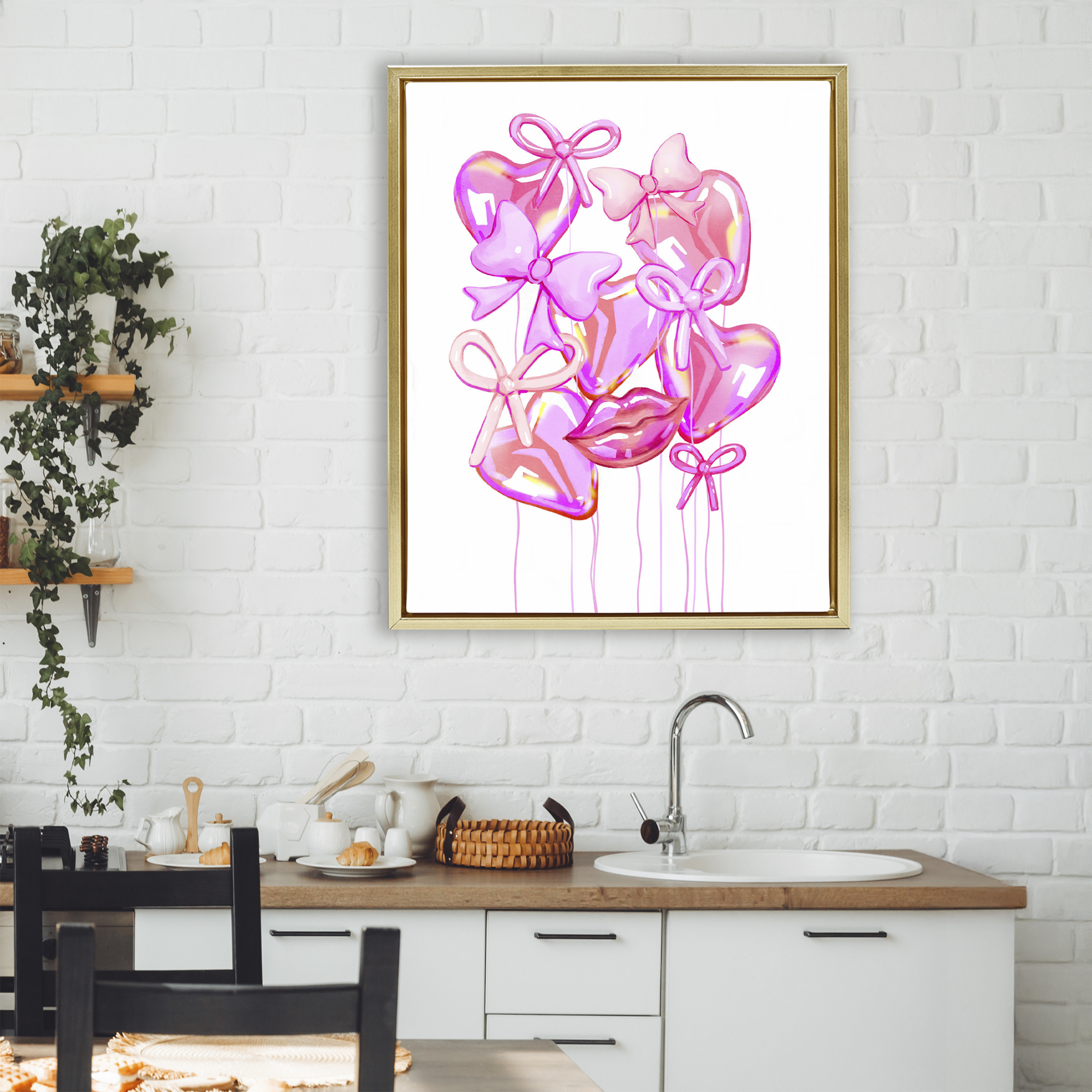 Pink Heart and Bow Balloons Gold Framed Floater Canvas Wall Art, design by Ziwei Li