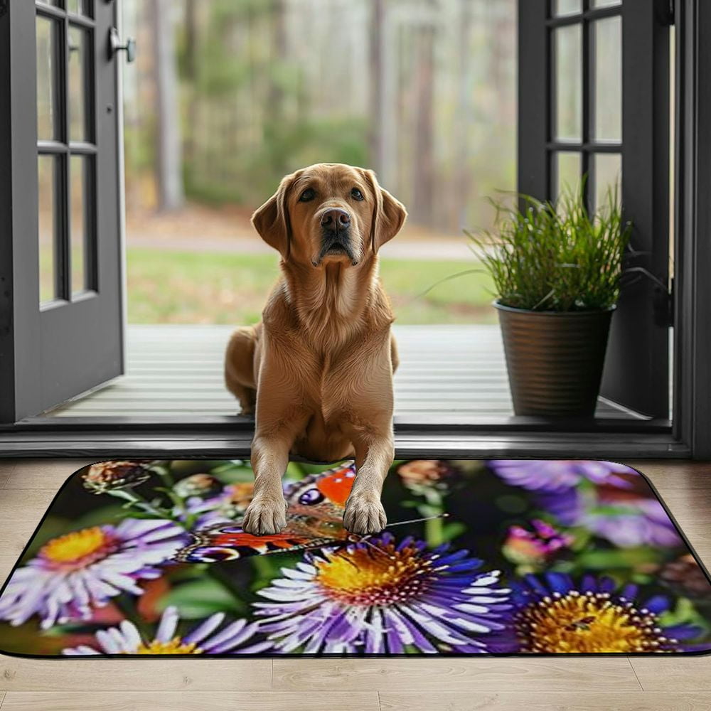 PHYHOO Doormat Floor Rug/Mat - Nature Flower Plant Summer Garden Butterfly ﻿Decorative Door Mat, Door Mat with Non-Slip Rubber Backing, Easy Cleaning, Traps Dirt, Rug for Entry, Patio