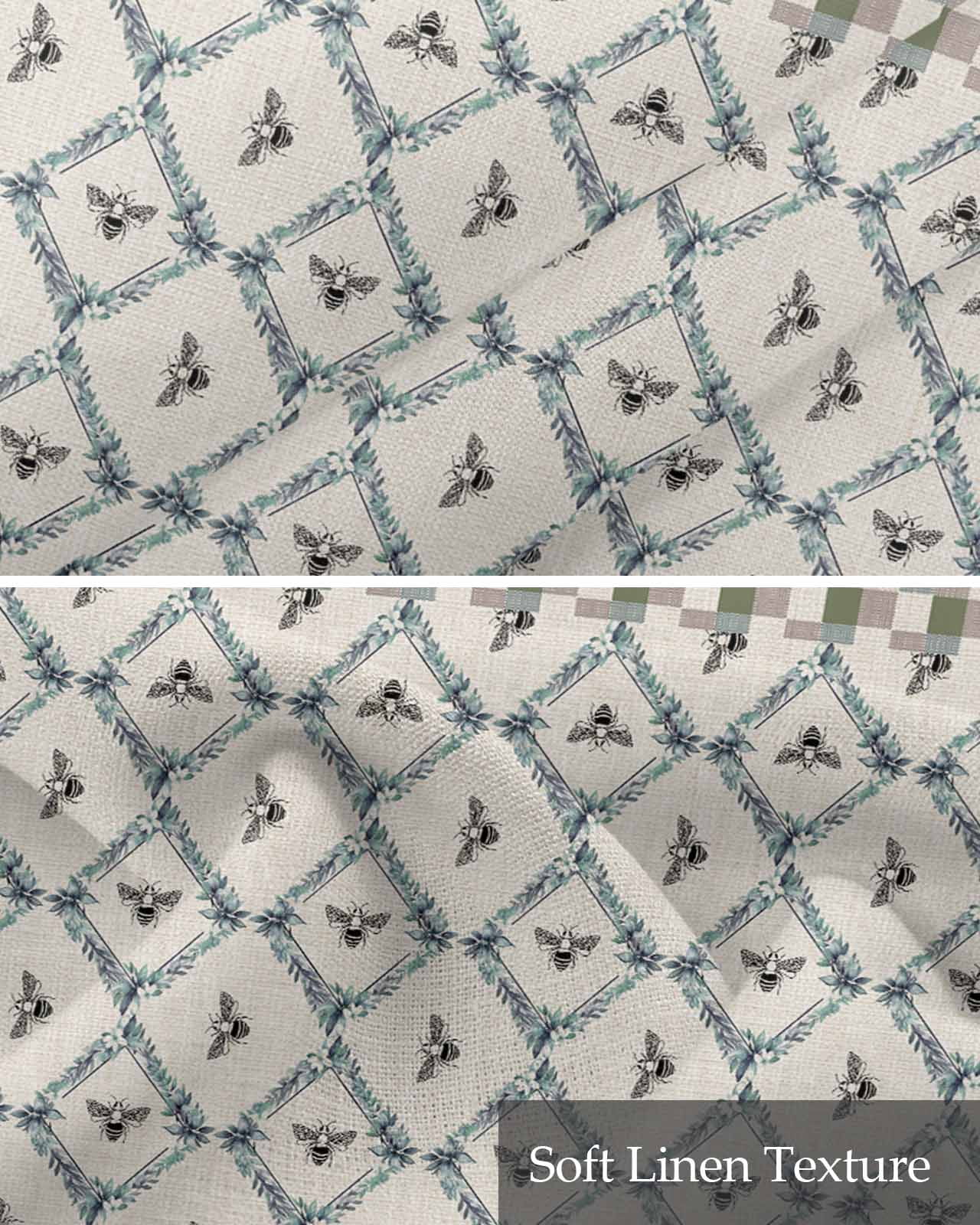 Botanical Bee Linen Curtain Valance for Bedroom/Bathroom/Kitchen/Office/Living/Dining Room Window,Teal Blue Grey Buffalo Farmhouse Plaid Pocket Topper Drapes Decorative Cafe Drapery Panel 54"x18"