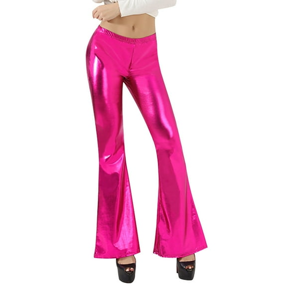Women's Shiny Metallic Flared Pants High Waisted Stretchy Bottom Wide Leg Pants Trousers