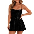 thumbnail image 3 of Women's Party Dress Club Dress Sleeveless Square Neck Adjustable Straps Bow Tie A Line Sequin Dress for Cocktail Banquet,Black,L, 3 of 5